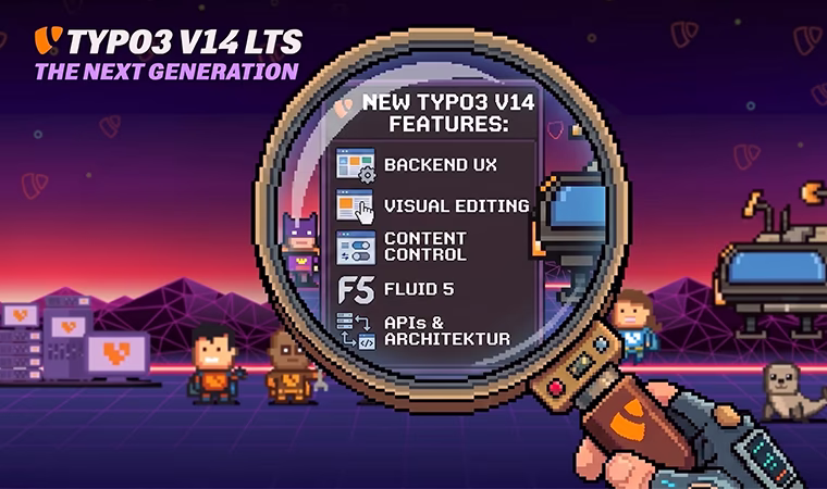Pixelart-Grafik im Retro-Stil zu TYPO3 v14 LTS mit der Überschrift „The Next Generation“. In einer futuristischen Szene zeigt eine Lupe die wichtigsten Features: Backend UX, Visual Editing, Content Control, Fluid 5 sowie APIs & Architektur.