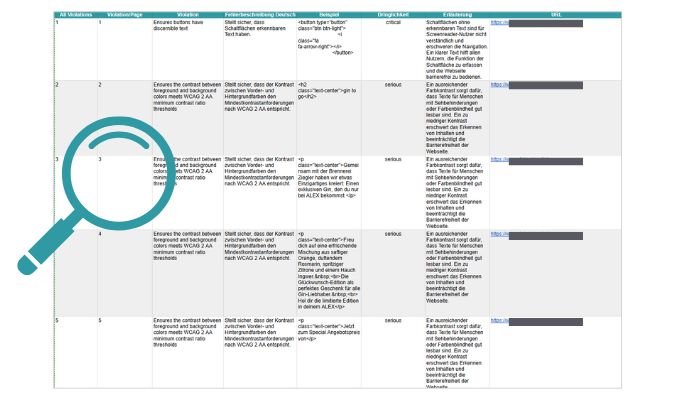 Website Barrierefreiheit - Beispielreport: Tabelle mit Fehlerauflistung, Erläuterung und Code